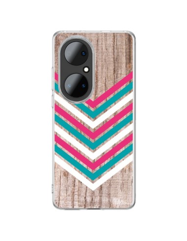 Coque Huawei P50 Pro Tribal Aztèque Bois Wood Flèche Rose Bleu - Laetitia