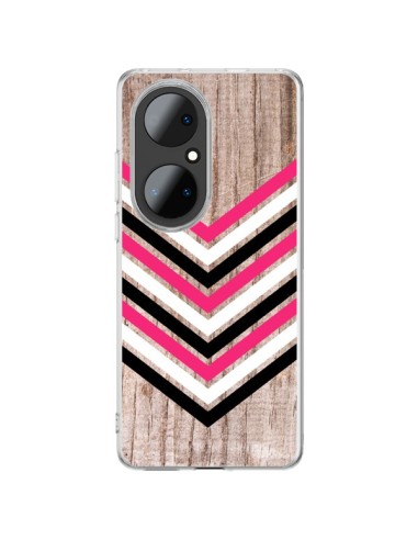 Coque Huawei P50 Pro Tribal Aztèque Bois Wood Flèche Rose Blanc Noir - Laetitia