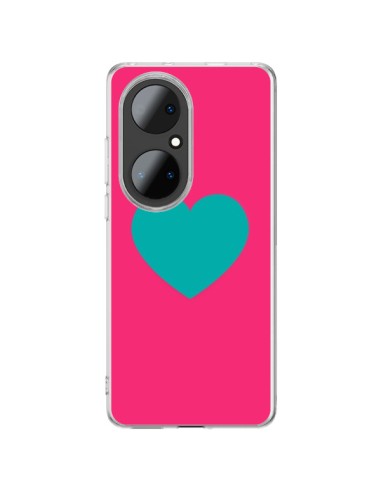 Coque Huawei P50 Pro Coeur Bleu Fond Rose - Laetitia