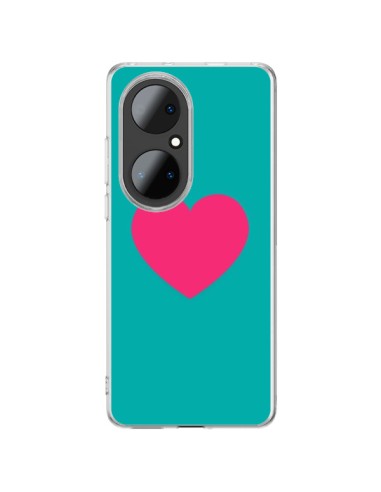 Coque Huawei P50 Pro Coeur Rose Fond Bleu  - Laetitia