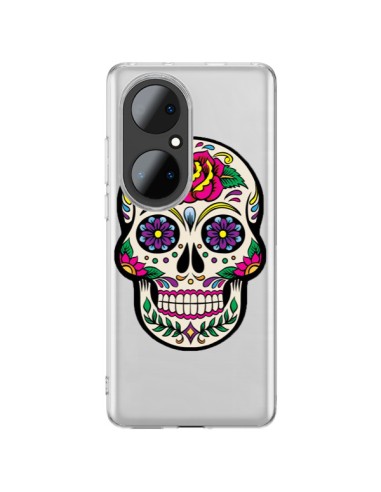 Coque Huawei P50 Pro Tête de Mort Mexicaine Fleurs Transparente - Laetitia