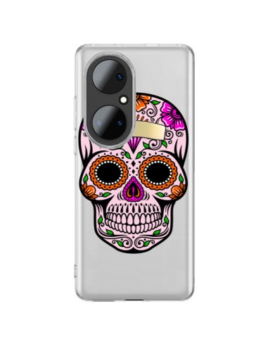 Coque Huawei P50 Pro Tête de Mort Mexicaine Noir Rose Transparente - Laetitia