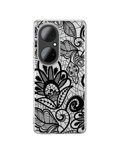 Cover Huawei P50 Pro Pizzo Fiori Flower Nero Trasparente - Petit Griffin