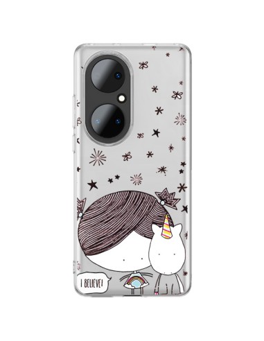 Coque Huawei P50 Pro Petite Fille et Licorne I Believe Transparente - Nico