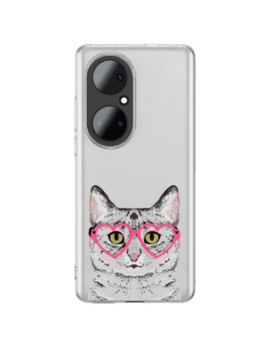 Cover Huawei P50 Pro Gatto Grigio Occhiali Cuori Trasparente - Pet Friendly