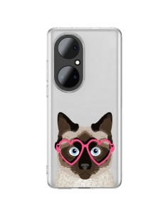 Coque Huawei P50 Pro Chat Marron Lunettes Coeurs Transparente - Pet Friendly