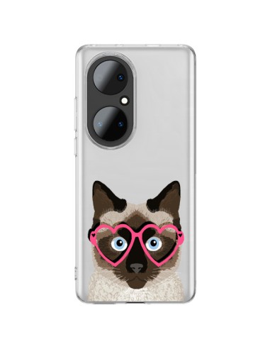 Cover Huawei P50 Pro Gatto Marrone Occhiali Cuori Trasparente - Pet Friendly
