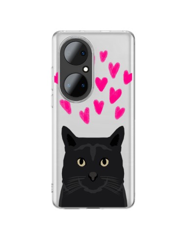 Cover Huawei P50 Pro Gatto Nero Cuori Trasparente - Pet Friendly