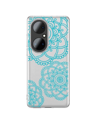 Coque Huawei P50 Pro Mandala Bleu Aqua Doodle Flower Transparente - Sylvia Cook