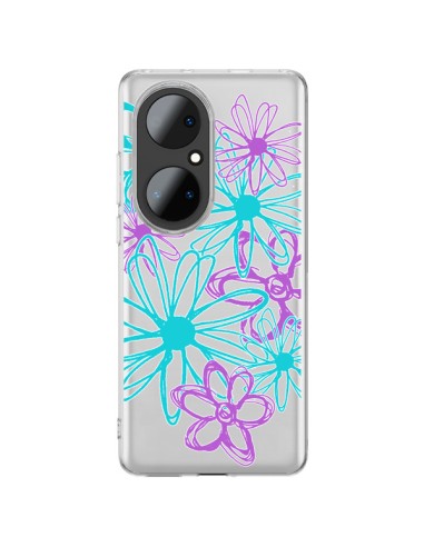 Coque Huawei P50 Pro Turquoise and Purple Flowers Fleurs Violettes Transparente - Sylvia Cook