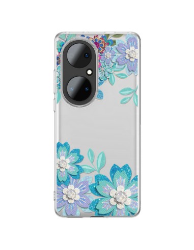 Coque Huawei P50 Pro Winter Flower Bleu, Fleurs d'Hiver Transparente - Sylvia Cook