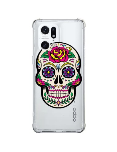 Coque Oppo Find X5 Pro Tête de Mort Mexicaine Fleurs Transparente - Laetitia