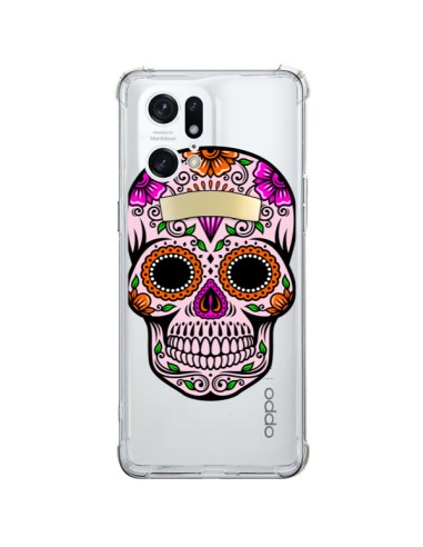 Coque Oppo Find X5 Pro Tête de Mort Mexicaine Noir Rose Transparente - Laetitia