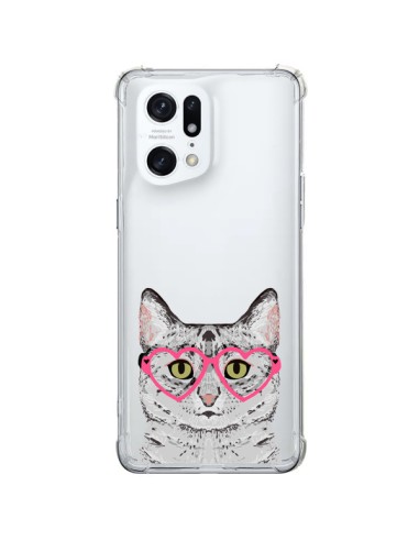 Coque Oppo Find X5 Pro Chat Gris Lunettes Coeurs Transparente - Pet Friendly