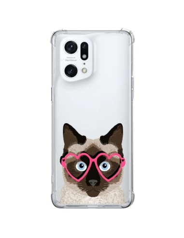 Cover Oppo Find X5 Pro Gatto Marrone Occhiali Cuori Trasparente - Pet Friendly