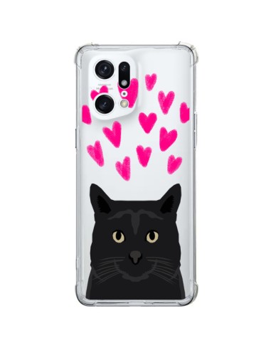 Coque Oppo Find X5 Pro Chat Noir Coeurs Transparente - Pet Friendly