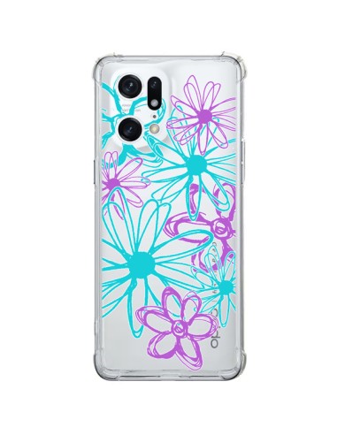 Coque Oppo Find X5 Pro Turquoise and Purple Flowers Fleurs Violettes Transparente - Sylvia Cook
