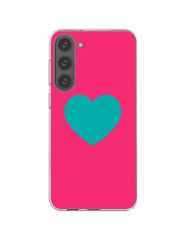 Coque Samsung Galaxy S23 Plus 5G Coeur Bleu Fond Rose - Laetitia