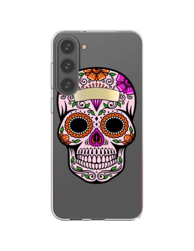 Coque Samsung Galaxy S23 Plus 5G Tête de Mort Mexicaine Noir Rose Transparente - Laetitia