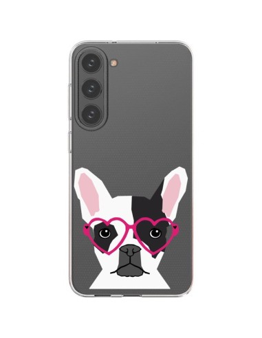 Coque Samsung Galaxy S23 Plus 5G Bulldog Français Lunettes Coeurs Chien Transparente - Pet Friendly