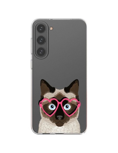 Coque Samsung Galaxy S23 Plus 5G Chat Marron Lunettes Coeurs Transparente - Pet Friendly