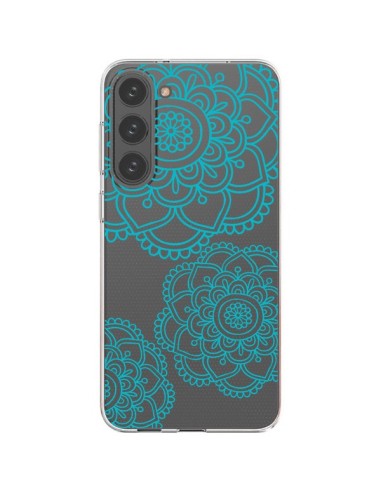 Coque Samsung Galaxy S23 Plus 5G Mandala Bleu Aqua Doodle Flower Transparente - Sylvia Cook