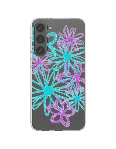 Coque Samsung Galaxy S23 Plus 5G Turquoise and Purple Flowers Fleurs Violettes Transparente - Sylvia Cook