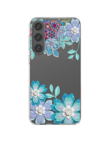 Coque Samsung Galaxy S23 Plus 5G Winter Flower Bleu, Fleurs d'Hiver Transparente - Sylvia Cook