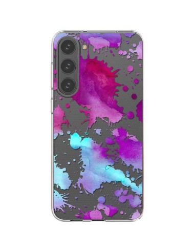 Coque Samsung Galaxy S23 Plus 5G Watercolor Splash Taches Bleu Violet Transparente - Sylvia Cook