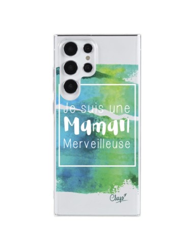 Coque Samsung Galaxy S23 Ultra 5G Je suis une Maman Merveilleuse Bleu Vert Transparente - Chapo