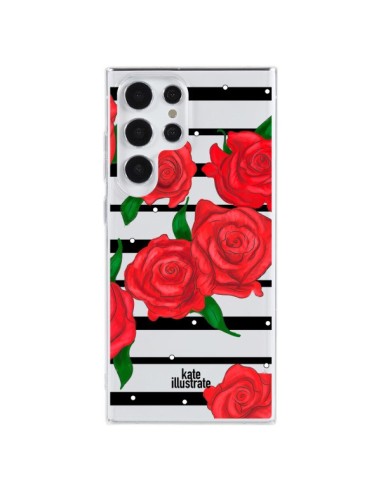 Coque Samsung Galaxy S23 Ultra 5G Red Roses Rouge Fleurs Flowers Transparente - kateillustrate