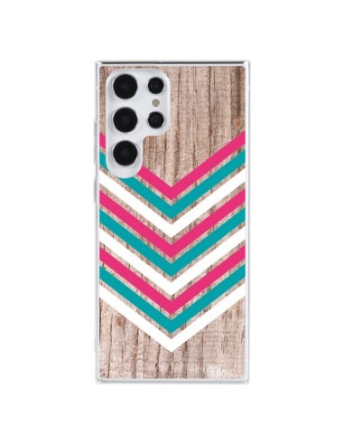 Coque Samsung Galaxy S23 Ultra 5G Tribal Aztèque Bois Wood Flèche Rose Bleu - Laetitia