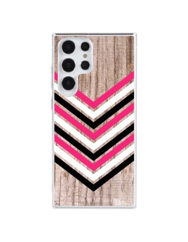 Coque Samsung Galaxy S23 Ultra 5G Tribal Aztèque Bois Wood Flèche Rose Blanc Noir - Laetitia