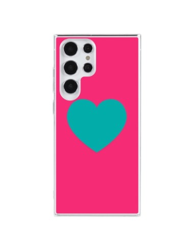 Coque Samsung Galaxy S23 Ultra 5G Coeur Bleu Fond Rose - Laetitia