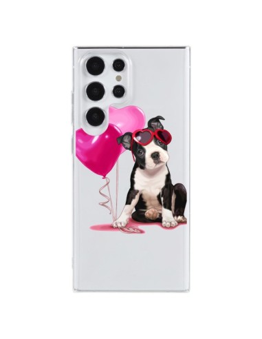 Cover Samsung Galaxy S23 Ultra 5G Cane Dog Palloncini Occhiali Cuore Rosa Trasparente - Maryline Cazenave