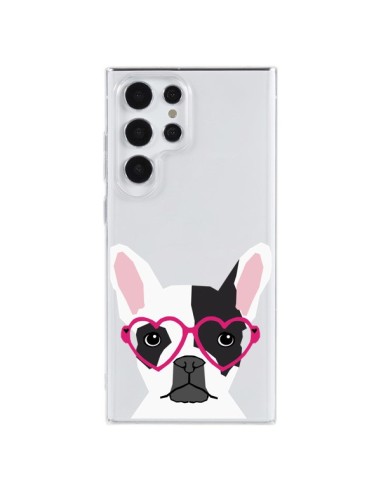 Coque Samsung Galaxy S23 Ultra 5G Bulldog Français Lunettes Coeurs Chien Transparente - Pet Friendly