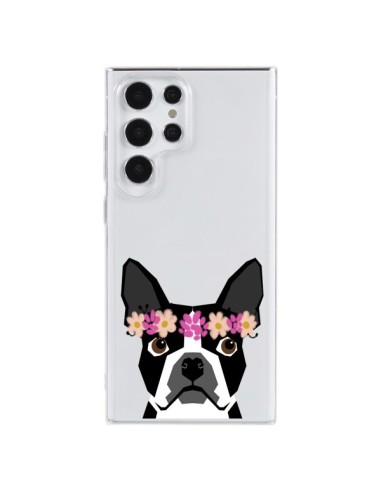 Coque Samsung Galaxy S23 Ultra 5G Boston Terrier Fleurs Chien Transparente - Pet Friendly