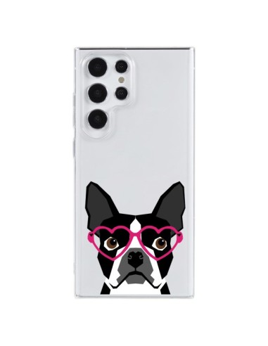 Coque Samsung Galaxy S23 Ultra 5G Boston Terrier Lunettes Coeurs Chien Transparente - Pet Friendly