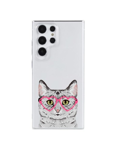 Cover Samsung Galaxy S23 Ultra 5G Gatto Grigio Occhiali Cuori Trasparente - Pet Friendly