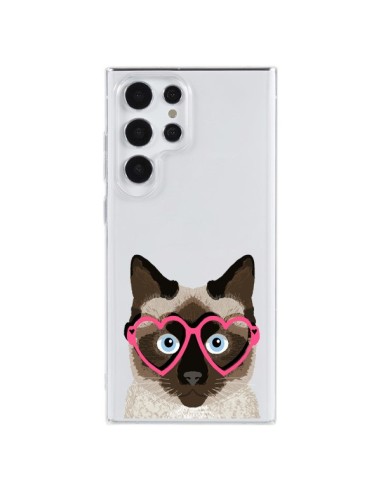 Coque Samsung Galaxy S23 Ultra 5G Chat Marron Lunettes Coeurs Transparente - Pet Friendly