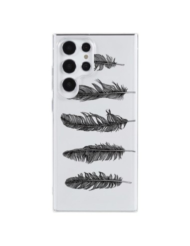 Coque Samsung Galaxy S23 Ultra 5G Plume Feather Noir Transparente - Rachel Caldwell