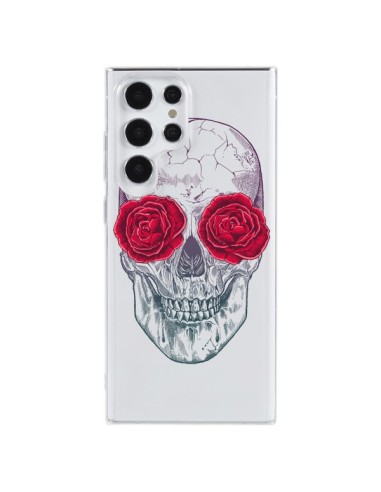 Coque Samsung Galaxy S23 Ultra 5G Tête de Mort Rose Fleurs Transparente - Rachel Caldwell