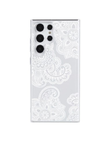 Coque Samsung Galaxy S23 Ultra 5G Lacey Paisley Mandala Blanc Fleur Transparente - Sylvia Cook