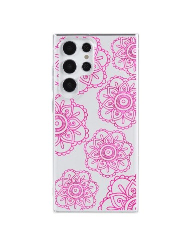 Coque Samsung Galaxy S23 Ultra 5G Pink Doodle Flower Mandala Rose Fleur Transparente - Sylvia Cook