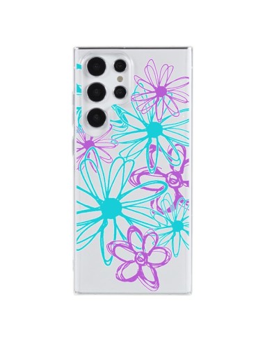 Coque Samsung Galaxy S23 Ultra 5G Turquoise and Purple Flowers Fleurs Violettes Transparente - Sylvia Cook