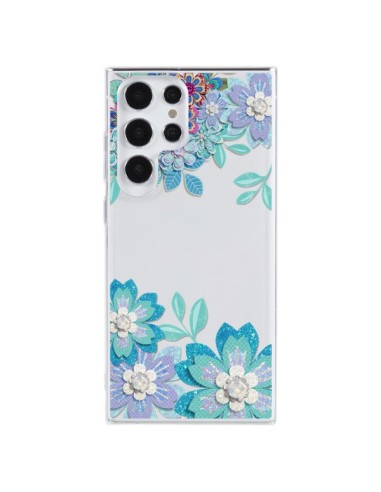 Coque Samsung Galaxy S23 Ultra 5G Winter Flower Bleu, Fleurs d'Hiver Transparente - Sylvia Cook