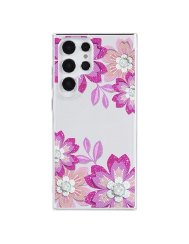 Cover Samsung Galaxy S23 Ultra 5G Fiori Invernali Rosa Trasparente - Sylvia Cook