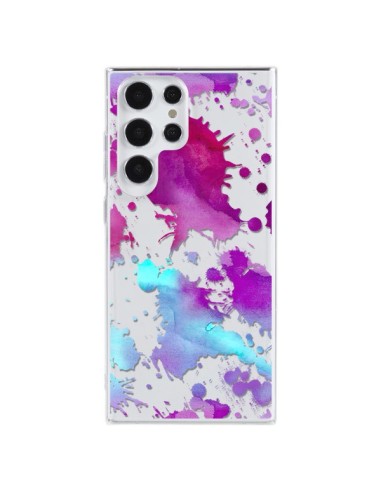 Coque Samsung Galaxy S23 Ultra 5G Watercolor Splash Taches Bleu Violet Transparente - Sylvia Cook