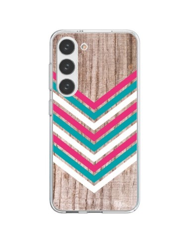 Coque Samsung Galaxy S23 5G Tribal Aztèque Bois Wood Flèche Rose Bleu - Laetitia