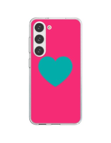 Coque Samsung Galaxy S23 5G Coeur Bleu Fond Rose - Laetitia